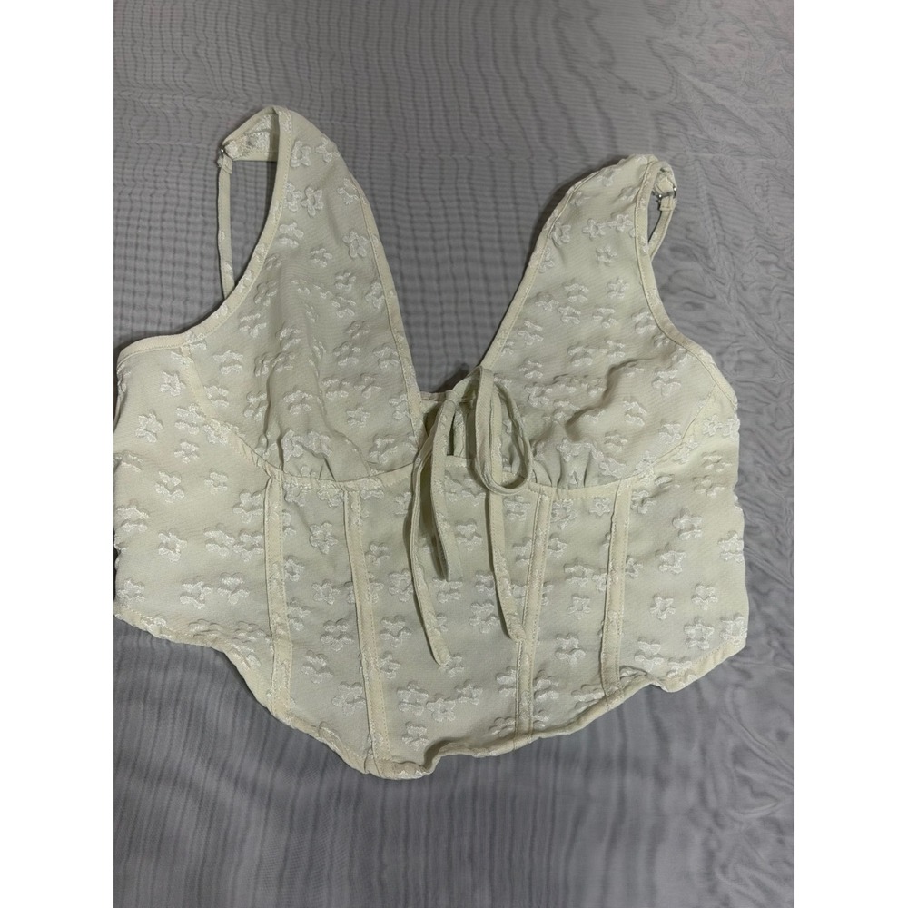 Cider Floral Jacquard Corset Top Cream V-Neck Tie Front Sleeveless Small